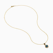 The 14K Yellow Gold Blue Diamond Cushion Pendant features a hexagonal pendant with a deep blue gemstone, set on a yellow gold chain and displayed against a white background.