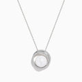 The 14K White Gold Fresh Water Pearl and Diamond Pendant features a round pendant with a central freshwater pearl, surrounded by sparkling diamonds, hanging from a fine white gold chain for an elegant look.