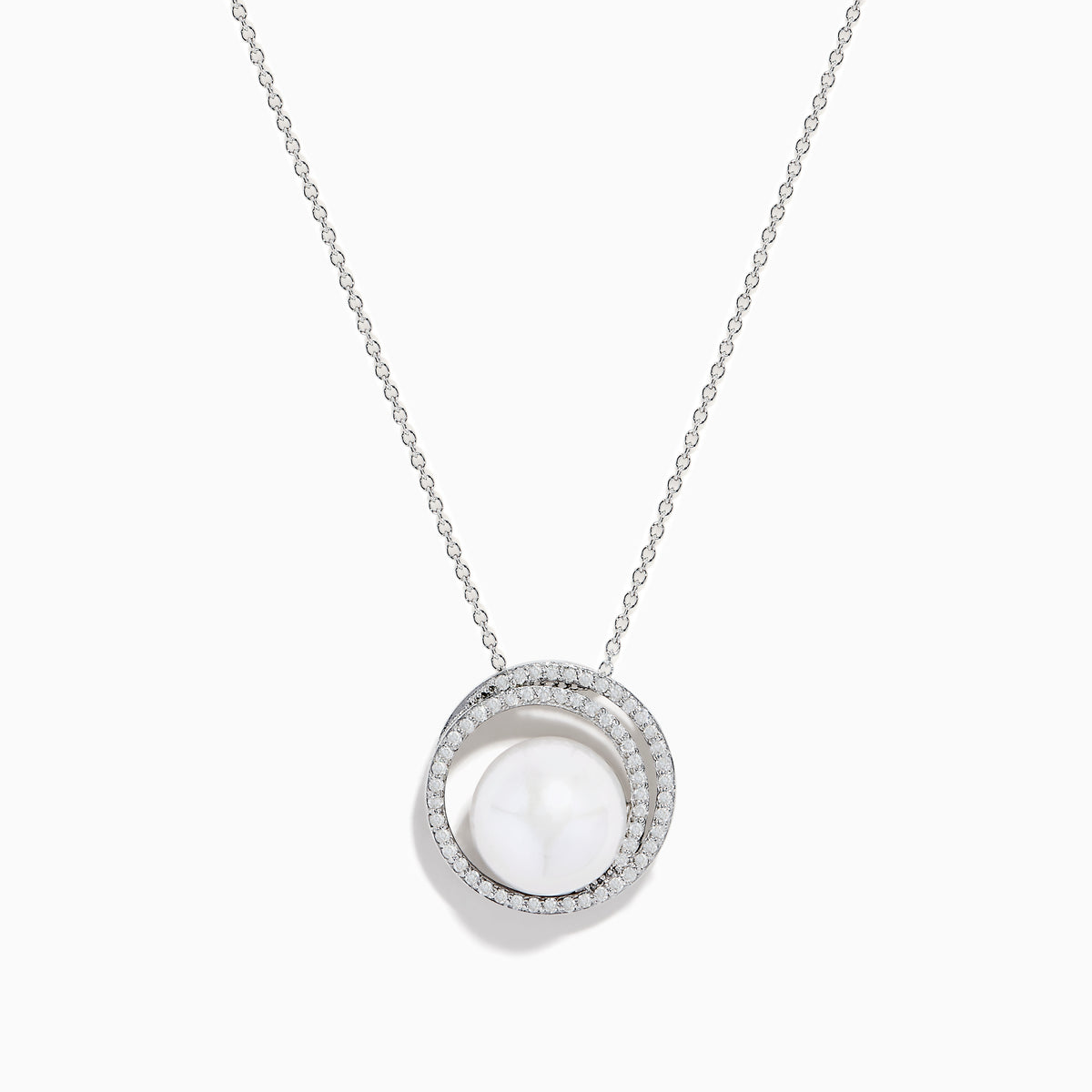 The 14K White Gold Fresh Water Pearl and Diamond Pendant features a round pendant with a central freshwater pearl, surrounded by sparkling diamonds, hanging from a fine white gold chain for an elegant look.