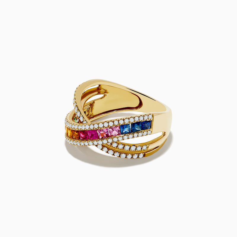 The Watercolors 14K Yellow Gold Multi Sapphire and Diamond Ring (2.05 TCW) showcases a crisscross design with two rows of diamonds and a central row of vibrant, square-cut multi-colored sapphires.