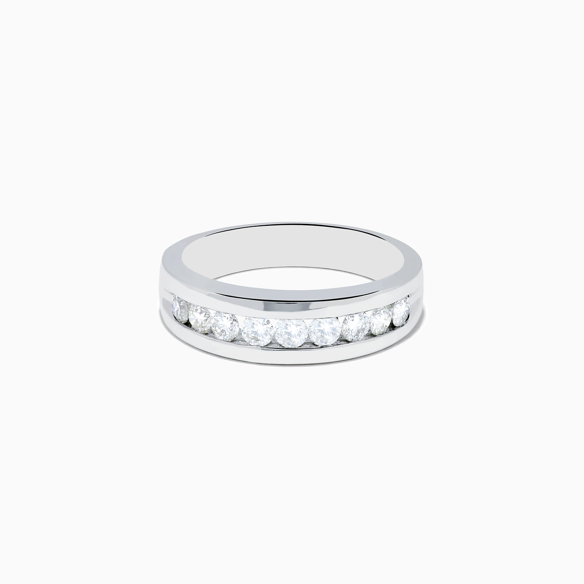 The Mens 14K White Gold 9-Stone Channel Set Diamond Band (1.00 TCW) features a row of round diamonds set horizontally in white gold, shown on a plain white background.