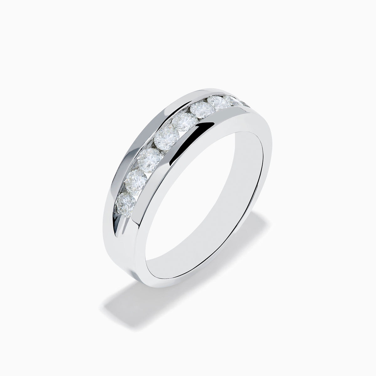 The Mens 14K White Gold 9-Stone Channel Set Diamond Band (1.00 TCW) features a row of round diamonds set horizontally in white gold, shown on a plain white background.