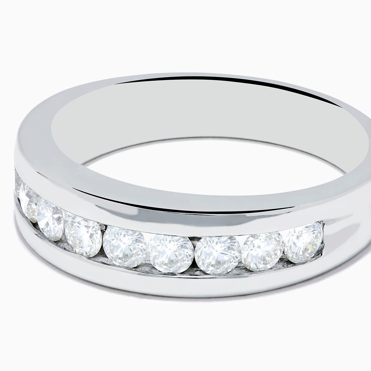 The Mens 14K White Gold 9-Stone Channel Set Diamond Band (1.00 TCW) features a row of round diamonds set horizontally in white gold, shown on a plain white background.