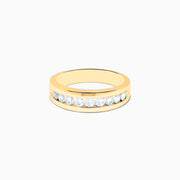 The Mens 14K Yellow Gold 9-Stone Channel Set Diamond Band, 1.00 TCW, features sparkling white diamonds and is shown elegantly on a plain white background.