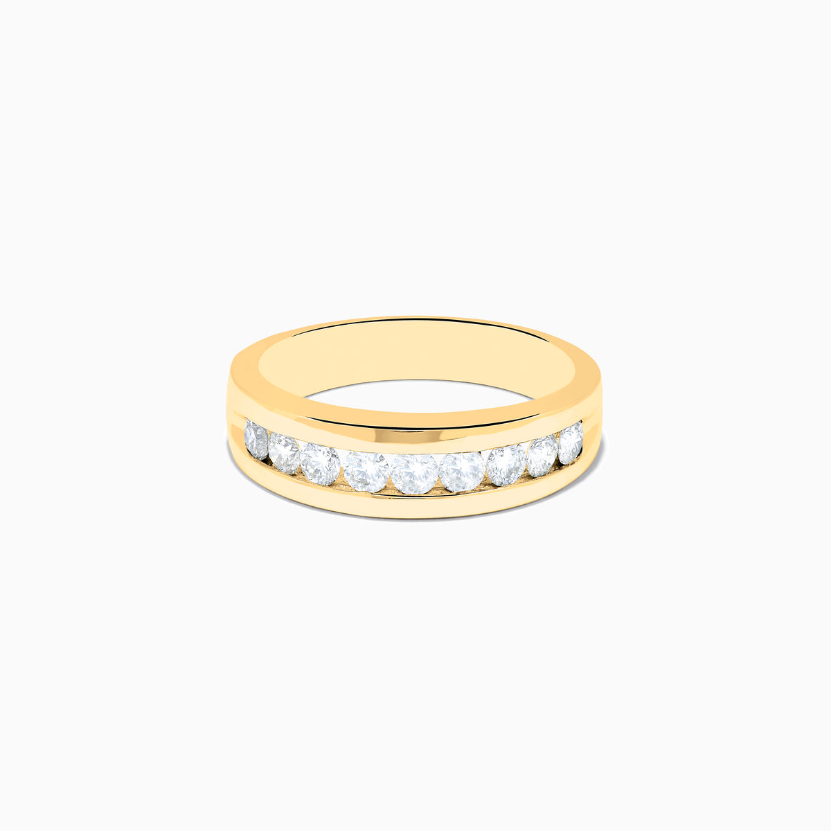 The Mens 14K Yellow Gold 9-Stone Channel Set Diamond Band, 1.00 TCW, features sparkling white diamonds and is shown elegantly on a plain white background.