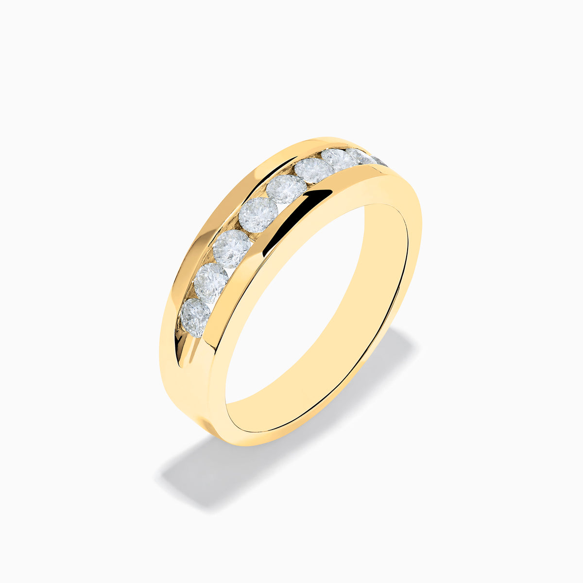 The Mens 14K Yellow Gold 9-Stone Channel Set Diamond Band, 1.00 TCW, features sparkling white diamonds and is shown elegantly on a plain white background.
