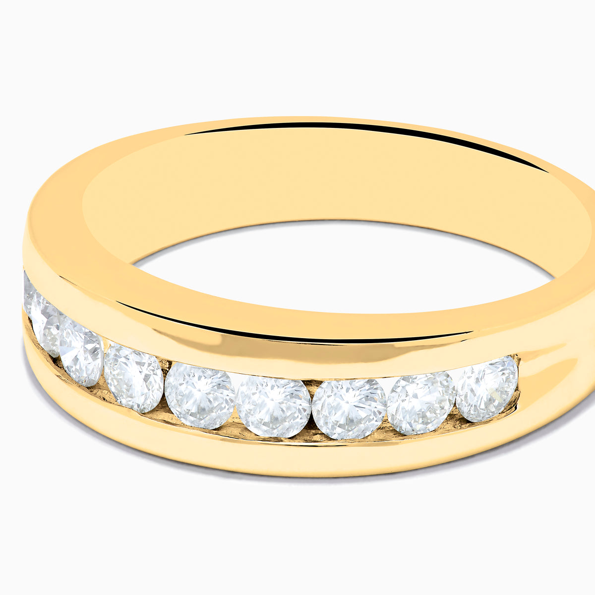 The Mens 14K Yellow Gold 9-Stone Channel Set Diamond Band, 1.00 TCW, features sparkling white diamonds and is shown elegantly on a plain white background.
