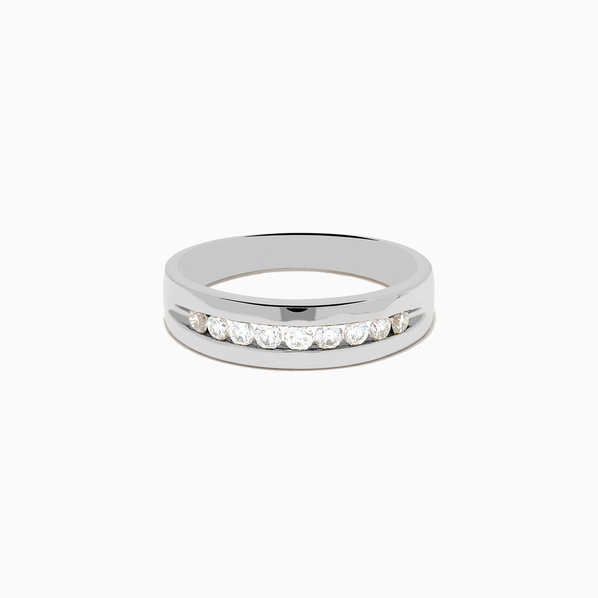 Mens 14K White Gold 9-Stone Channel Set Diamond Band, 0.50 TCW, featuring a row of round diamonds channel set across the top, shown on a plain white background.