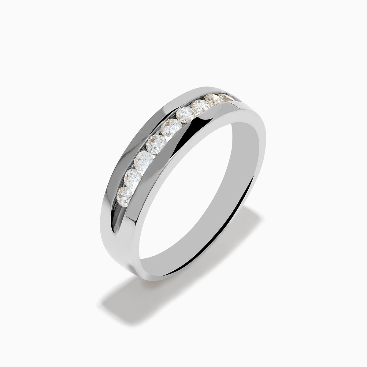 Mens 14K White Gold 9-Stone Channel Set Diamond Band, 0.50 TCW, featuring a row of round diamonds channel set across the top, shown on a plain white background.