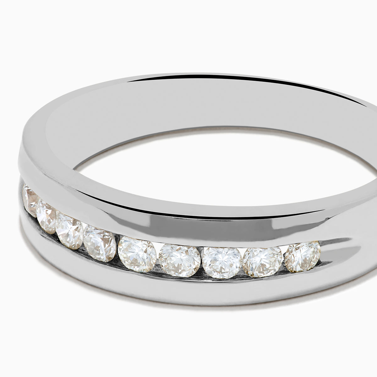 Mens 14K White Gold 9-Stone Channel Set Diamond Band, 0.50 TCW, featuring a row of round diamonds channel set across the top, shown on a plain white background.