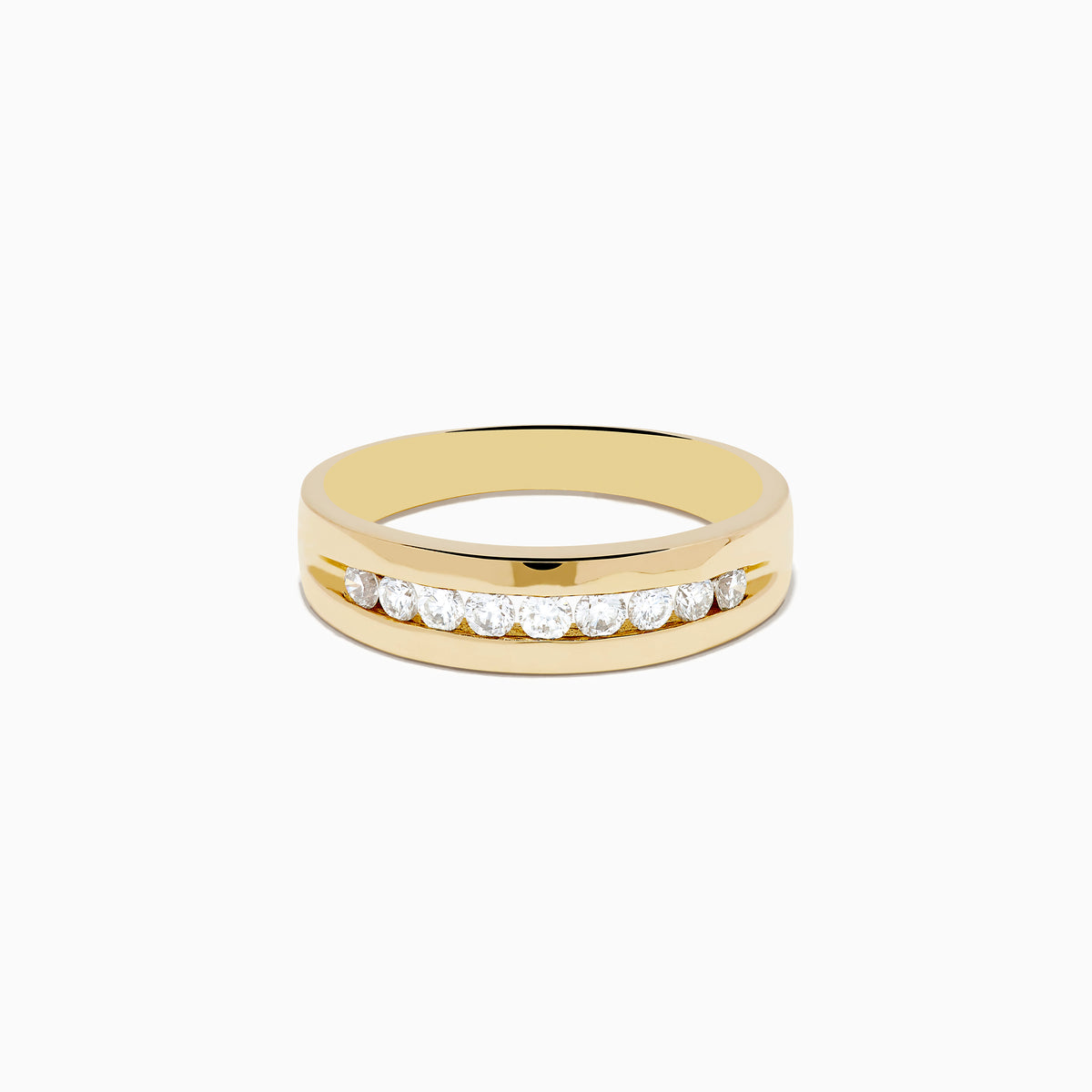 The Mens 14K Yellow Gold 9-Stone Channel Set Diamond Band, 0.50 TCW, features a row of round white diamonds channel set across the top and is displayed on a plain white background.