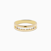 The Mens 14K Yellow Gold 9-Stone Channel Set Diamond Band, 0.50 TCW, features a row of round white diamonds channel set across the top and is displayed on a plain white background.