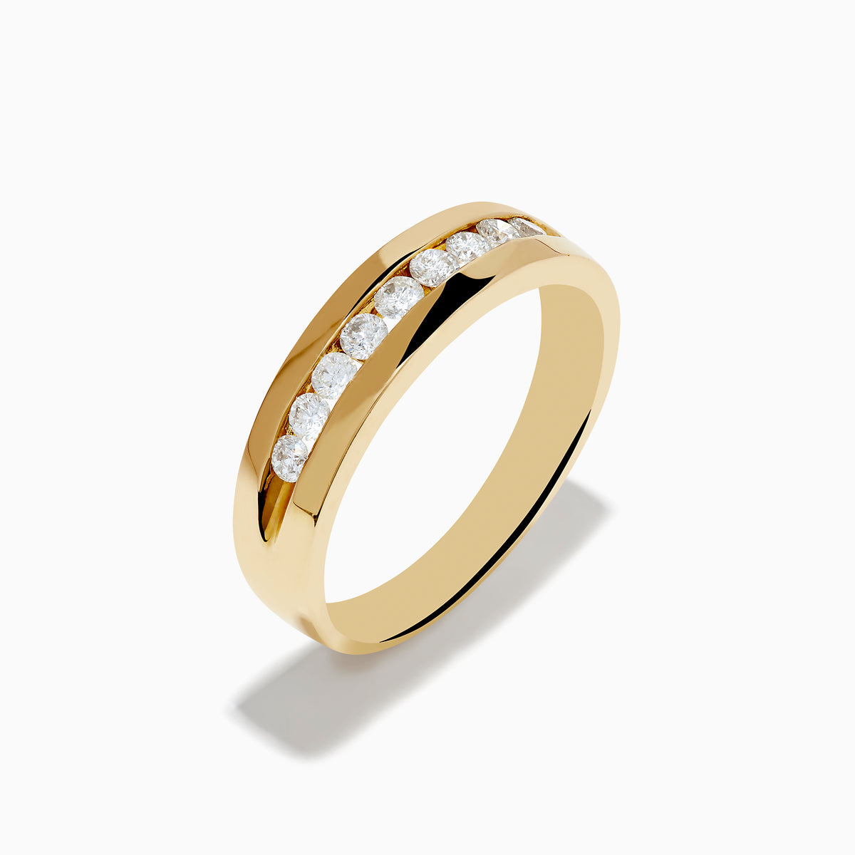 The Mens 14K Yellow Gold 9-Stone Channel Set Diamond Band, 0.50 TCW, features a row of round white diamonds channel set across the top and is displayed on a plain white background.