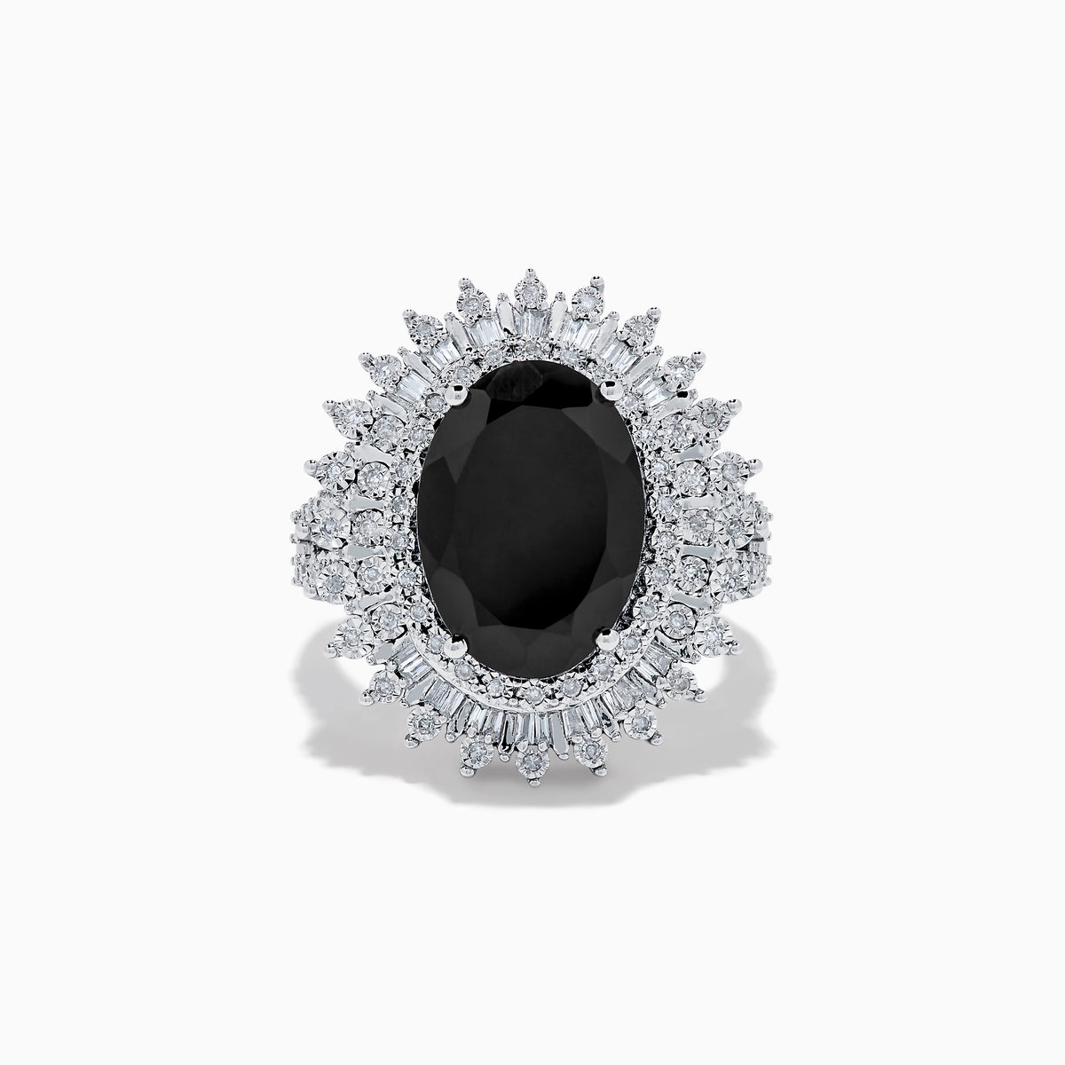 The 14K White Gold Onyx and Diamond Double Halo Ring features a large oval onyx surrounded by two rows of sparkling white diamonds, set on a white gold band and displayed against a white background.