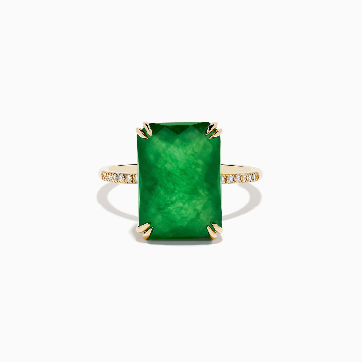 The 14K Yellow Gold Green Jade and Diamond Ring showcases a large rectangular green jade gemstone set with four prongs, complemented by small diamond accents on each side of the band.