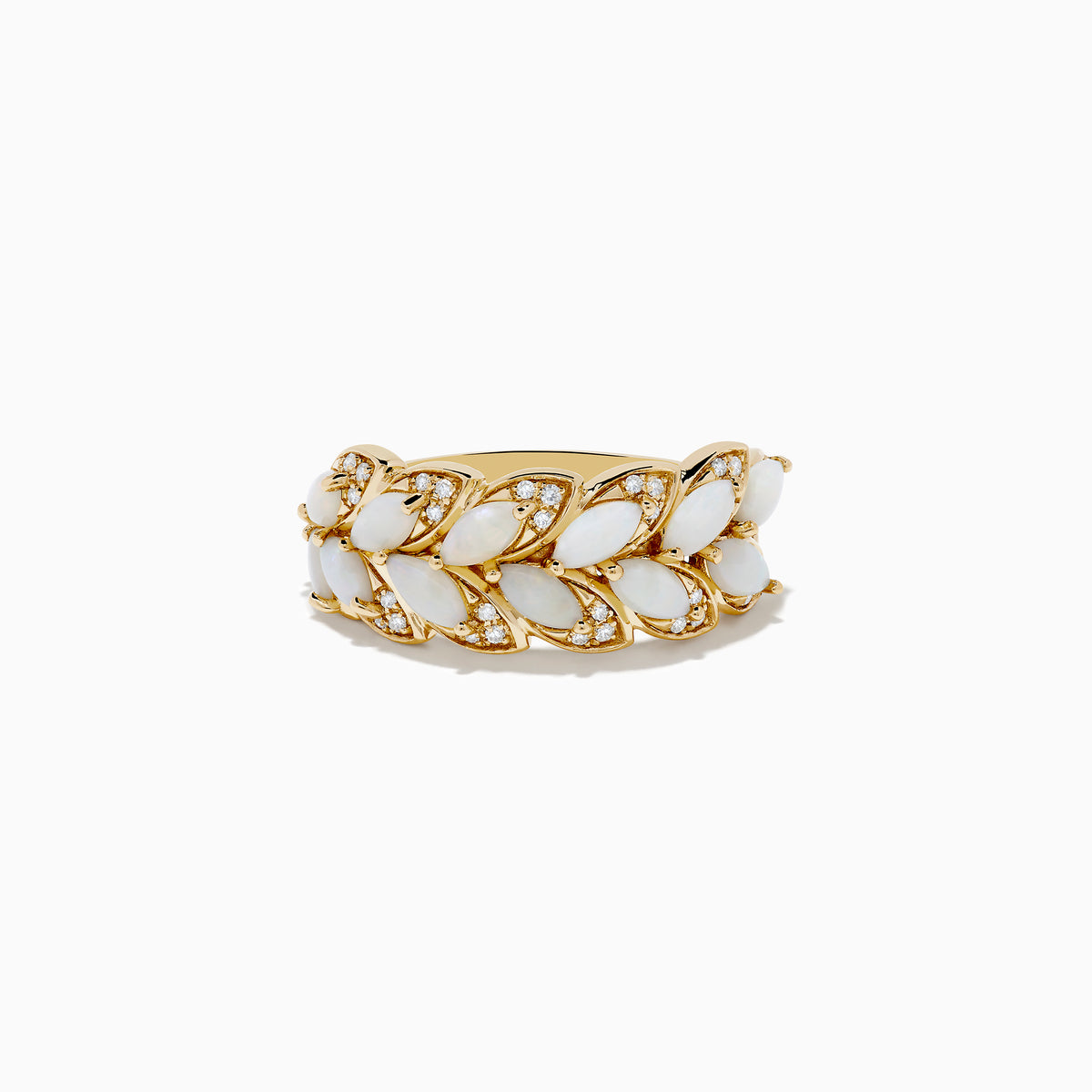 The 14K Yellow Gold Opal and Diamond Petal Motif Ring features a leaf-inspired design with white opals and small clear diamonds in two rows, shown against a white background.