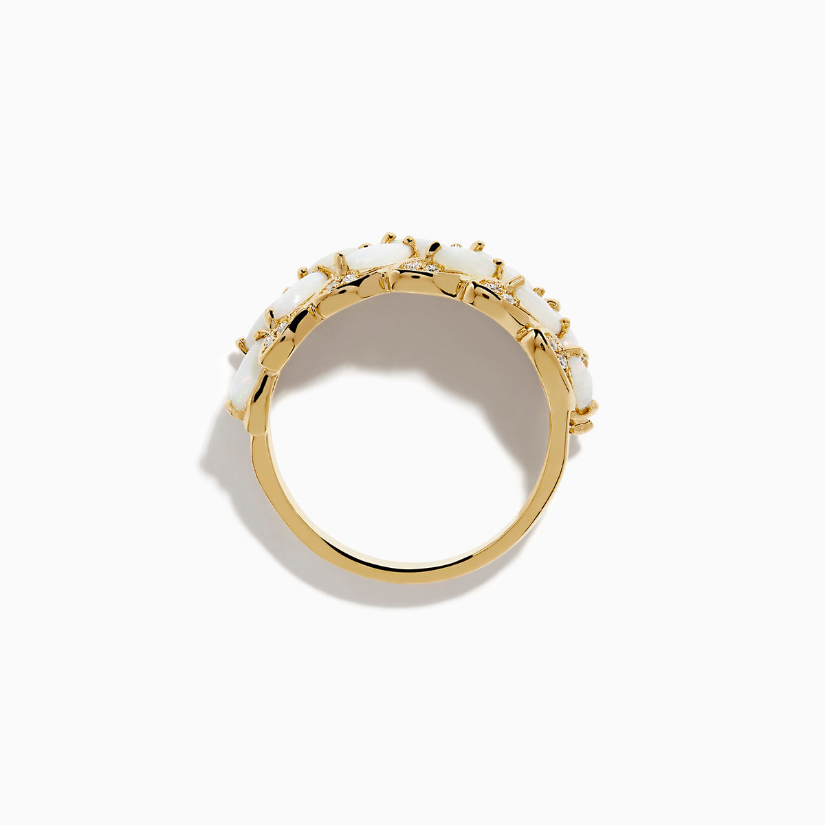 The 14K Yellow Gold Opal and Diamond Petal Motif Ring features a leaf-inspired design with white opals and small clear diamonds in two rows, shown against a white background.