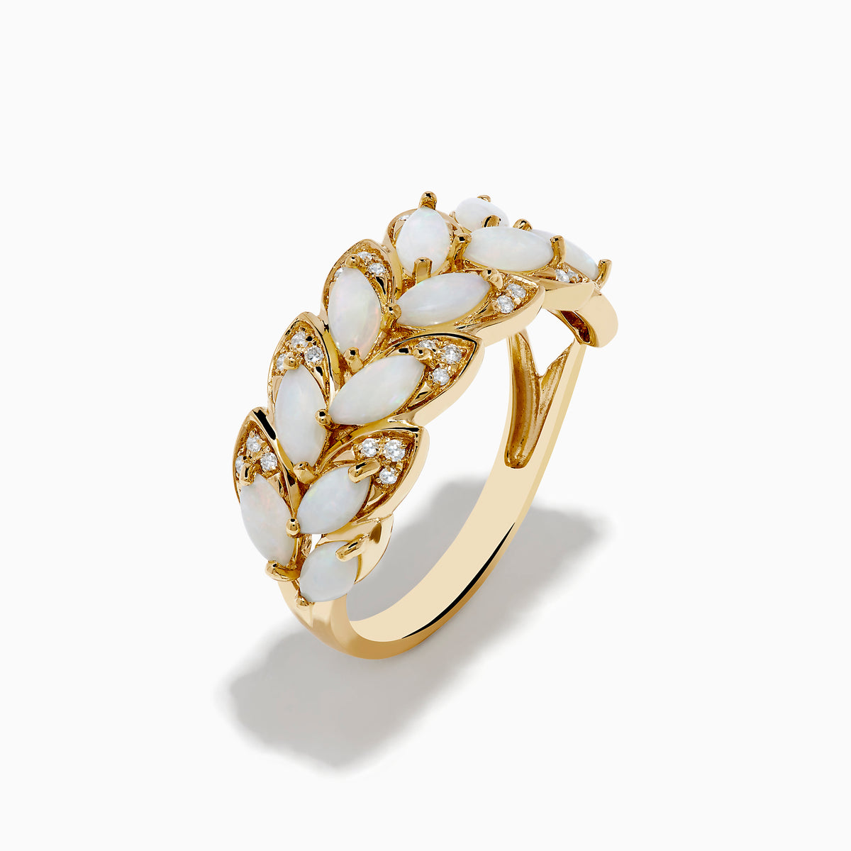 The 14K Yellow Gold Opal and Diamond Petal Motif Ring features a leaf-inspired design with white opals and small clear diamonds in two rows, shown against a white background.