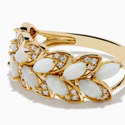 The 14K Yellow Gold Opal and Diamond Petal Motif Ring features a leaf-inspired design with white opals and small clear diamonds in two rows, shown against a white background.