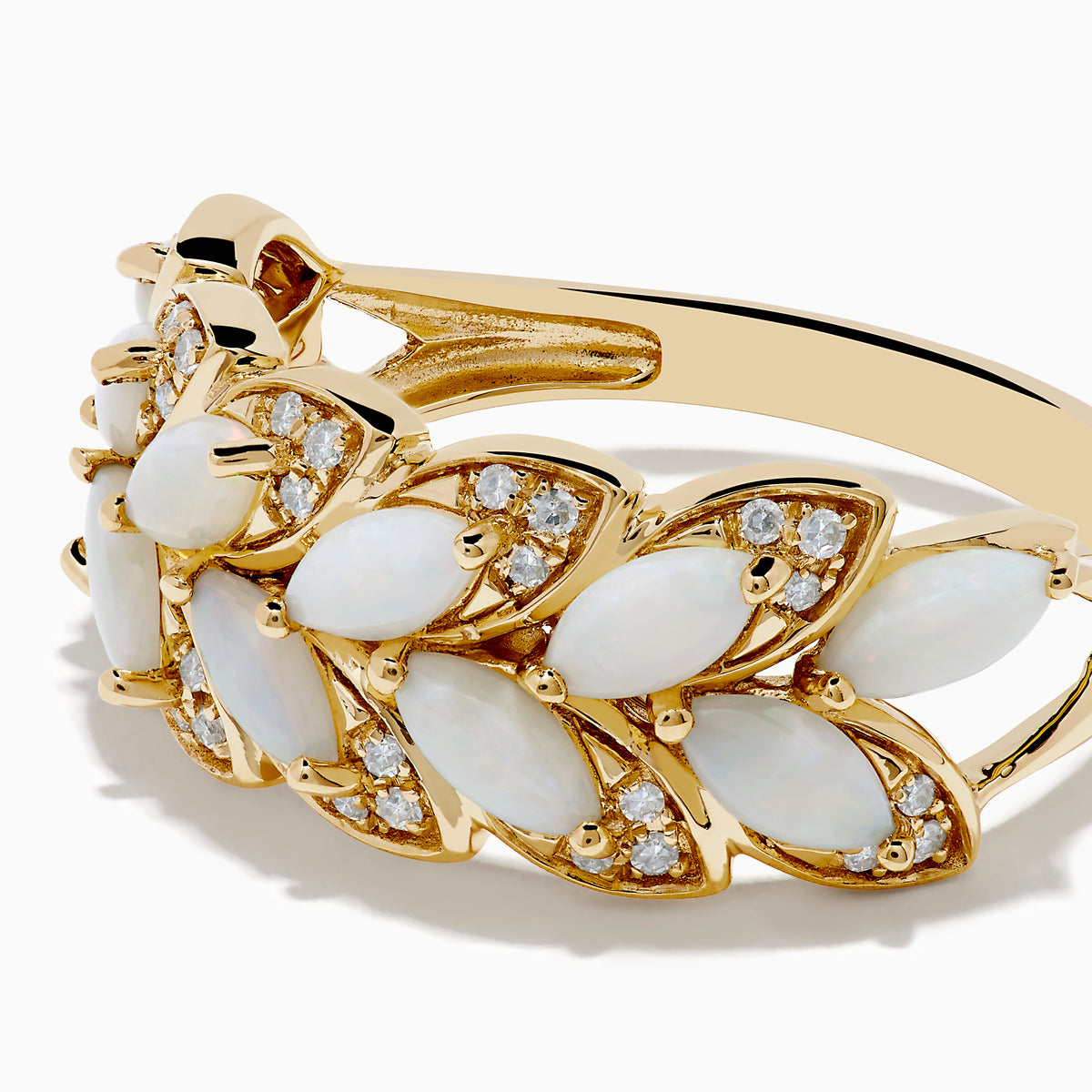The 14K Yellow Gold Opal and Diamond Petal Motif Ring features a leaf-inspired design with white opals and small clear diamonds in two rows, shown against a white background.