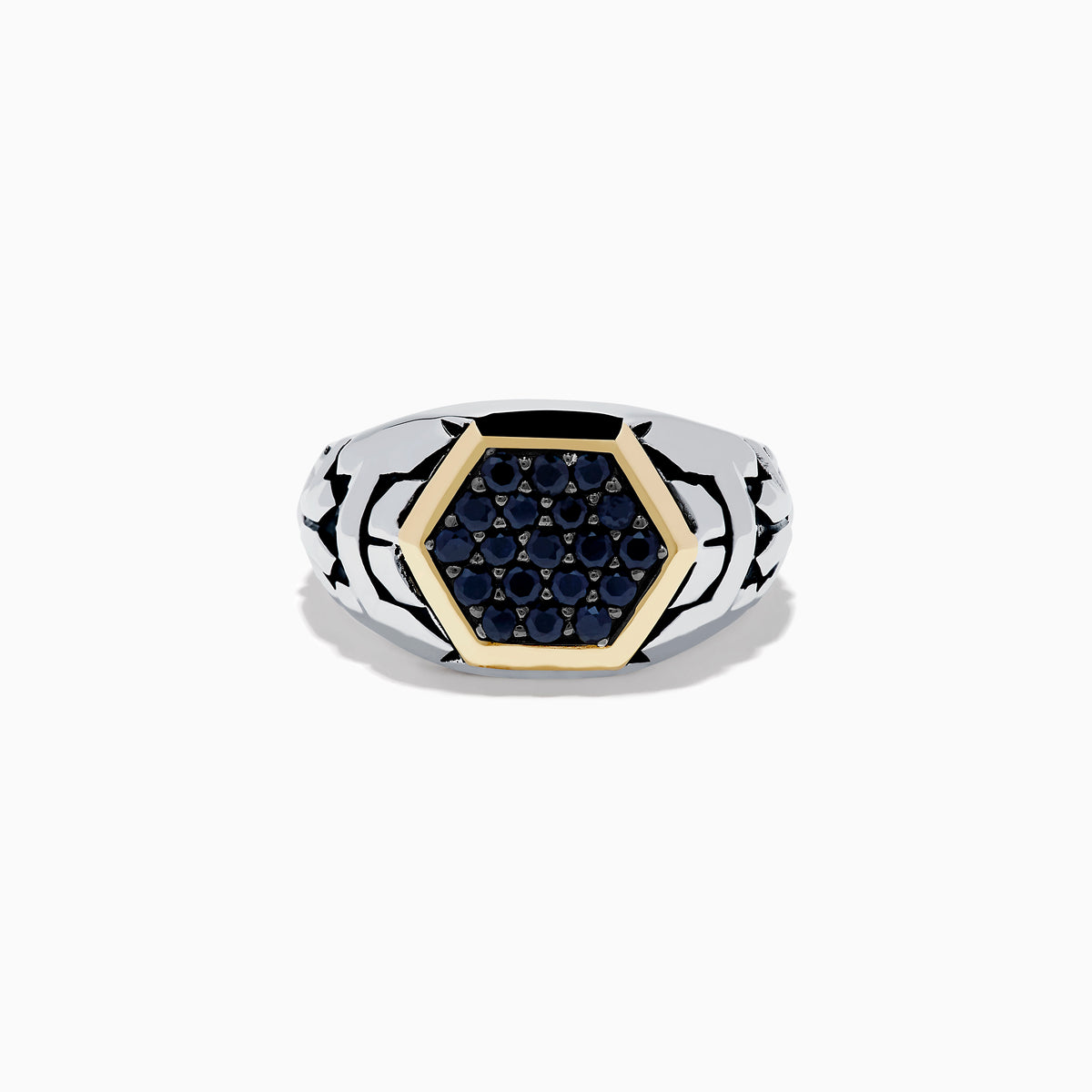 The Mens Sterling Silver & 18K Yellow Gold Black Sapphire Ring, 0.85 TCW, features a hexagonal 18K gold setting with multiple black sapphires at the center and a geometric-patterned sterling silver band.