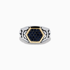 The Mens Sterling Silver & 18K Yellow Gold Black Sapphire Ring, 0.85 TCW, features a hexagonal 18K gold setting with multiple black sapphires at the center and a geometric-patterned sterling silver band.