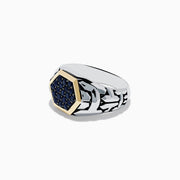 The Mens Sterling Silver & 18K Yellow Gold Black Sapphire Ring, 0.85 TCW, features a hexagonal 18K gold setting with multiple black sapphires at the center and a geometric-patterned sterling silver band.