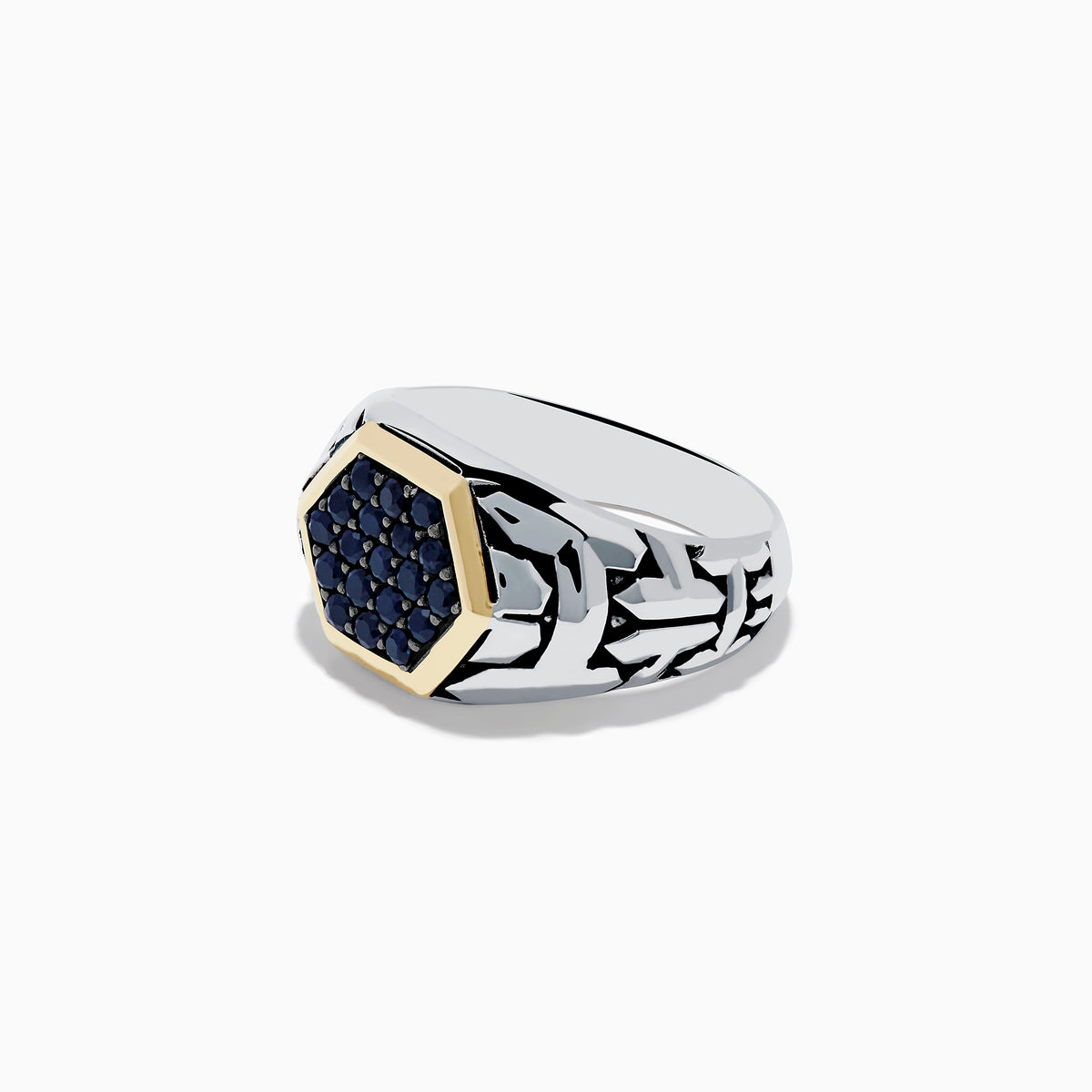 The Mens Sterling Silver & 18K Yellow Gold Black Sapphire Ring, 0.85 TCW, features a hexagonal 18K gold setting with multiple black sapphires at the center and a geometric-patterned sterling silver band.