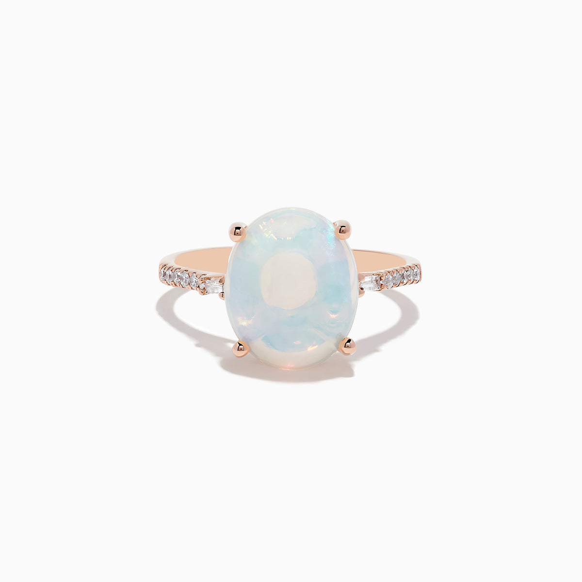 The Aurora 14K Rose Gold Opal and Diamond Ring features an oval iridescent opal center, accented by small round diamonds on the band, displayed against a white background.