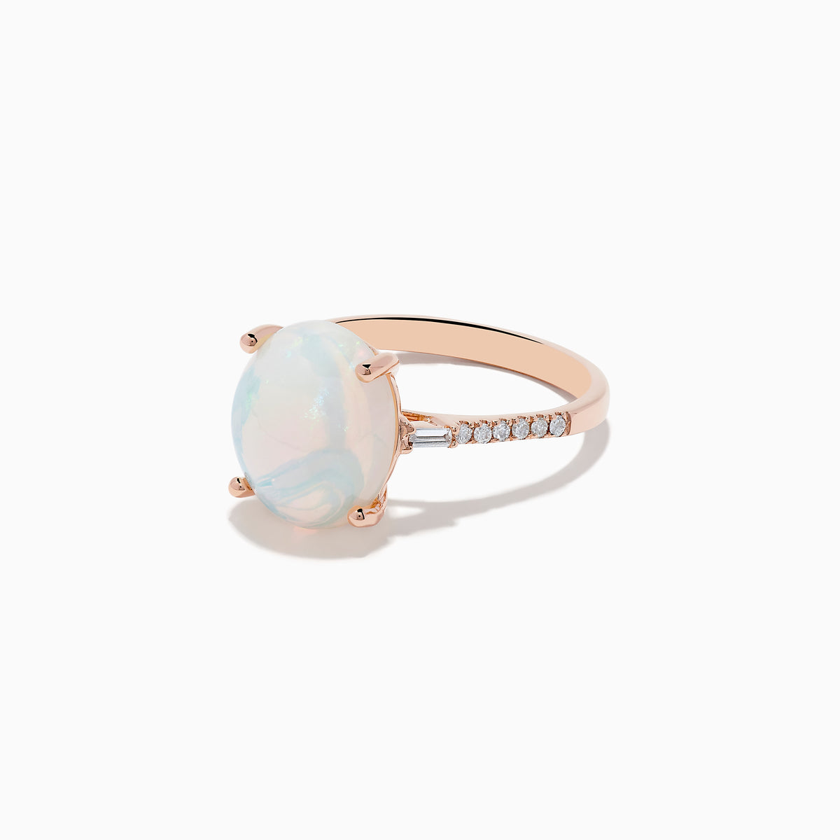 The Aurora 14K Rose Gold Opal and Diamond Ring features an oval iridescent opal center, accented by small round diamonds on the band, displayed against a white background.