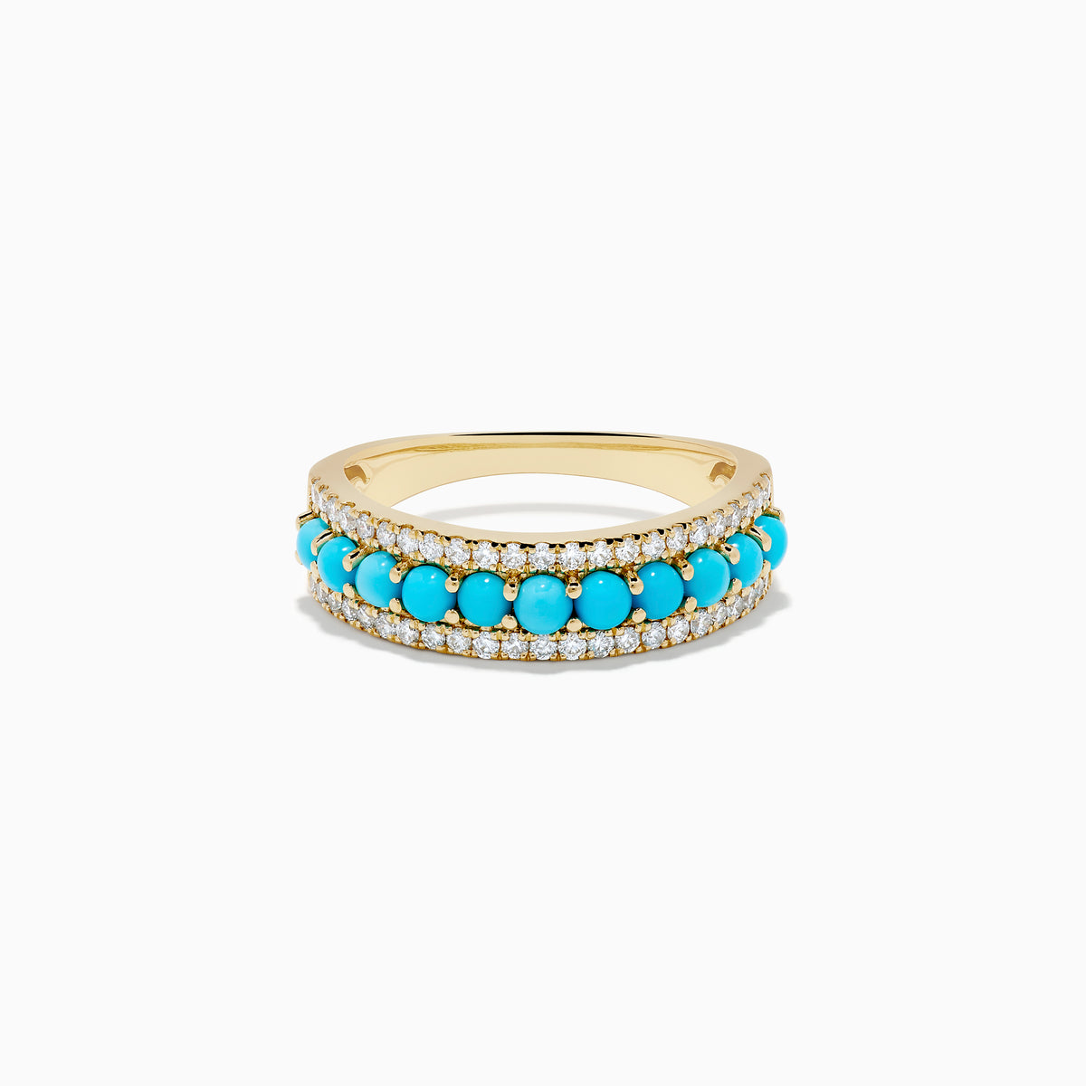 The 14K Yellow Gold Turquoise and Diamond Wedding Band showcases a central row of turquoise beads bordered by sparkling white diamonds, photographed on a white background.