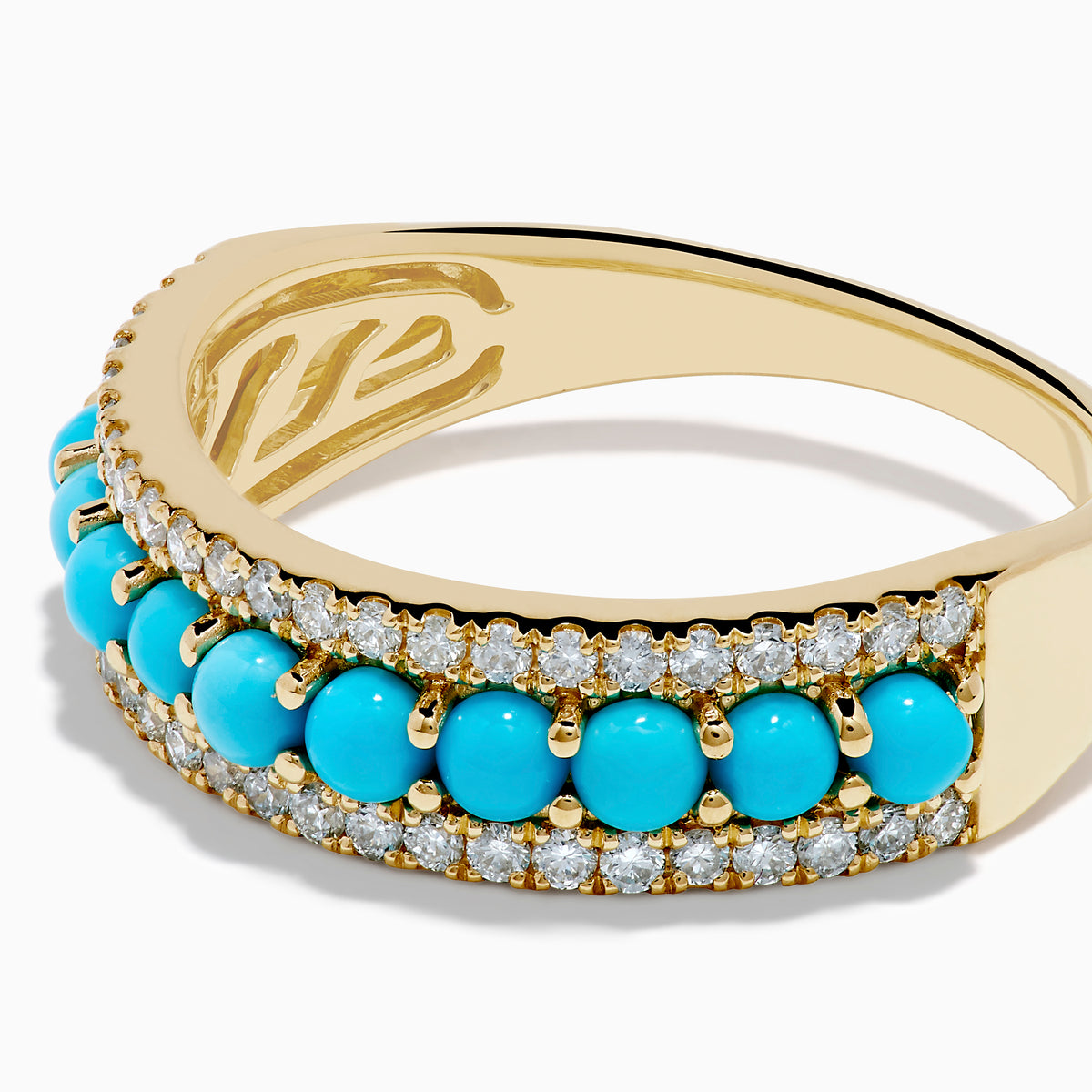The 14K Yellow Gold Turquoise and Diamond Wedding Band showcases a central row of turquoise beads bordered by sparkling white diamonds, photographed on a white background.