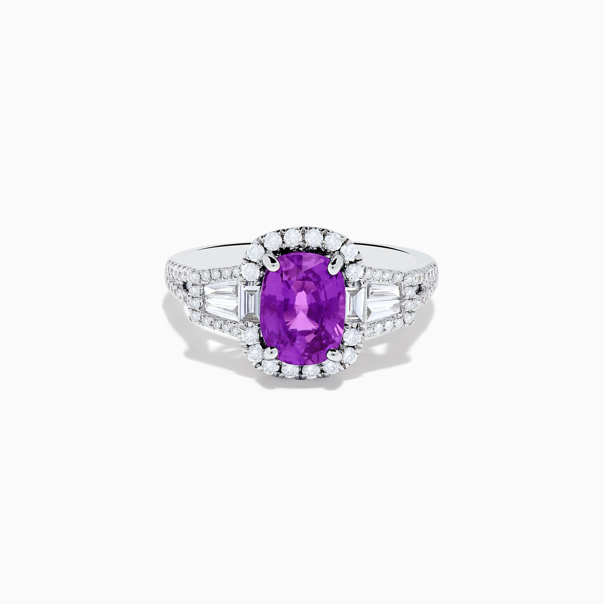 The Effy Hematian 18K White Gold Purple Sapphire and Diamond Ring showcases a large oval purple sapphire encircled by a diamond halo, with extra diamonds accenting the split shank, all set against a white background.