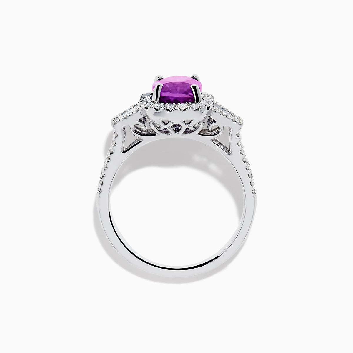 The Effy Hematian 18K White Gold Purple Sapphire and Diamond Ring showcases a large oval purple sapphire encircled by a diamond halo, with extra diamonds accenting the split shank, all set against a white background.