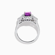 The Effy Hematian 18K White Gold Purple Sapphire and Diamond Ring showcases a large oval purple sapphire encircled by a diamond halo, with extra diamonds accenting the split shank, all set against a white background.