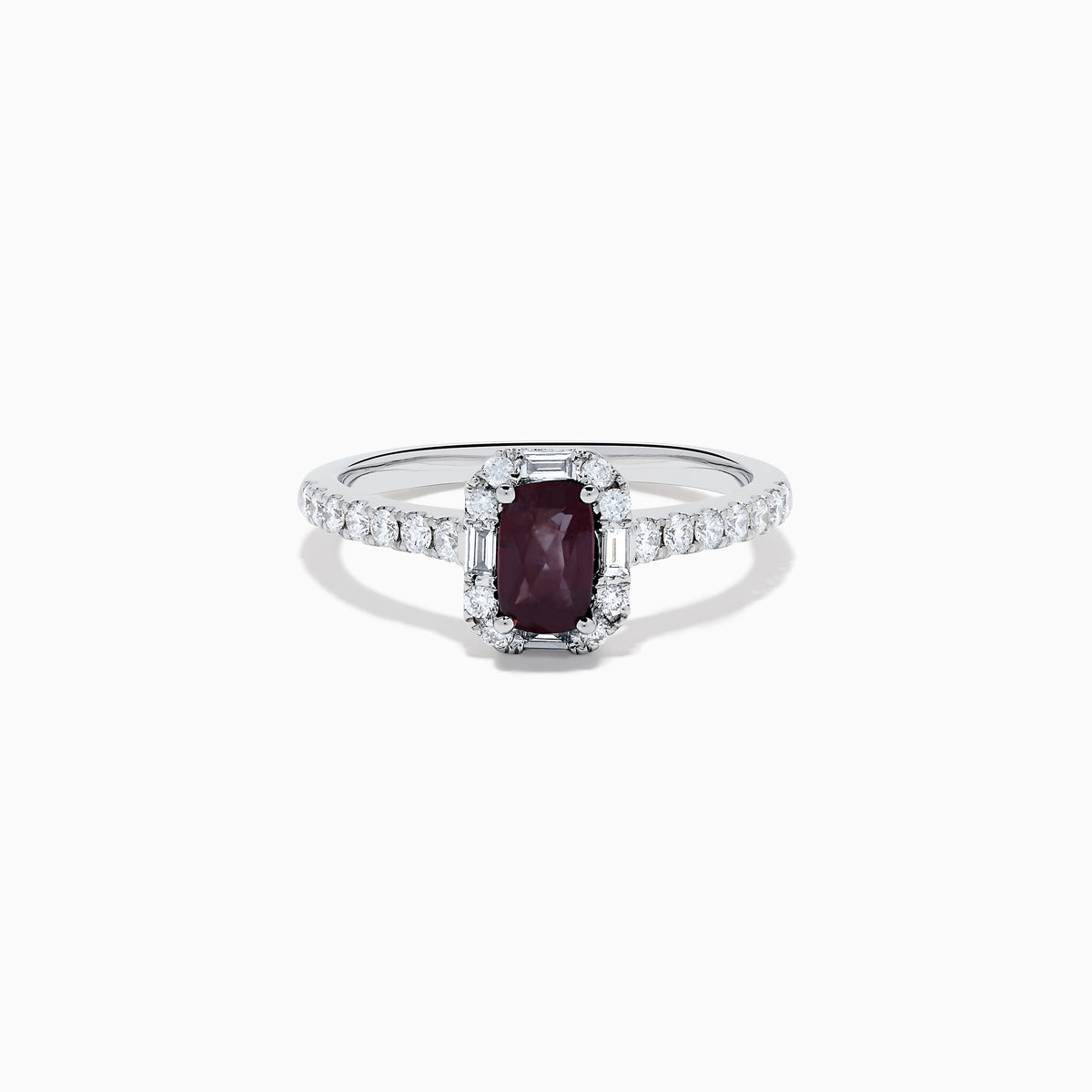 The Effy Hematian 14K White Gold Ring features a cushion-cut alexandrite center stone, surrounded by a diamond halo and additional diamonds set along the band.