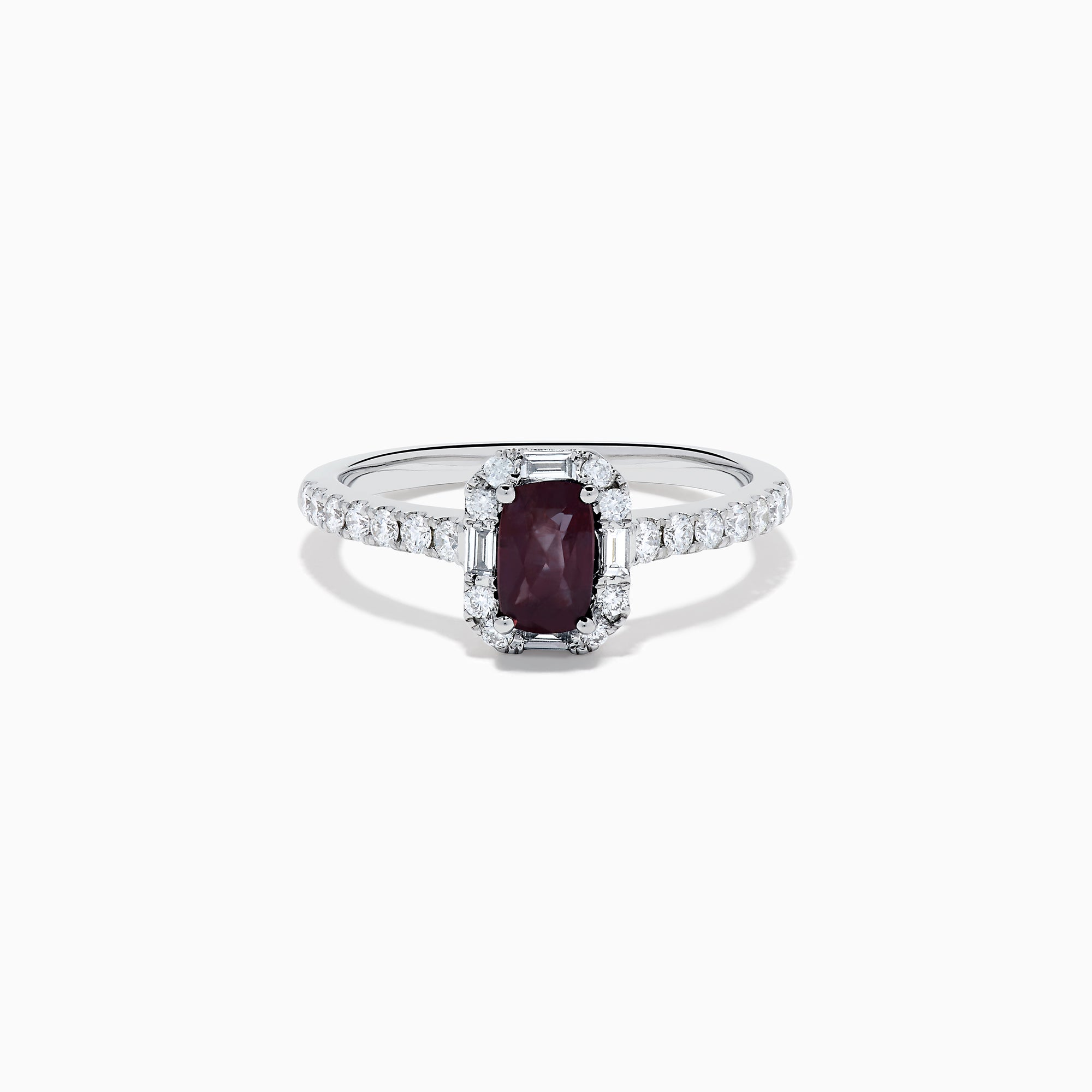 The Effy Hematian 14K White Gold Ring features a cushion-cut alexandrite center stone, surrounded by a diamond halo and additional diamonds set along the band.
