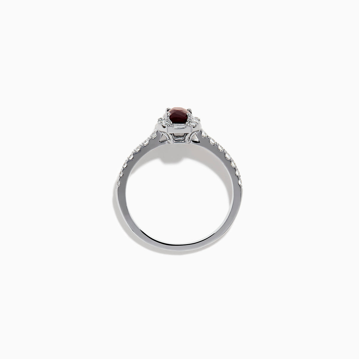 The Effy Hematian 14K White Gold Ring features a cushion-cut alexandrite center stone, surrounded by a diamond halo and additional diamonds set along the band.