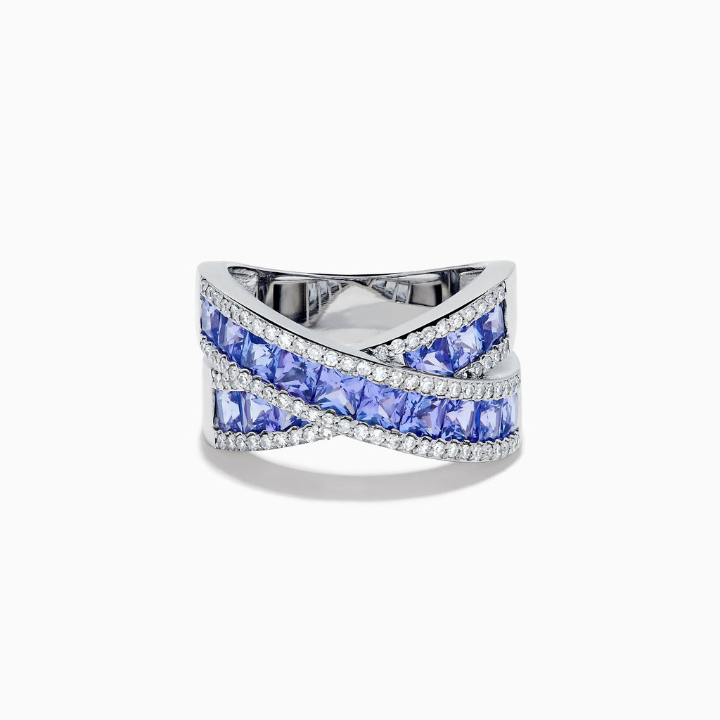 14K White Gold Tanzanite and Diamond Princess-Cut Crossover Ring