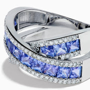 14K White Gold Tanzanite and Diamond Princess-Cut Crossover Ring