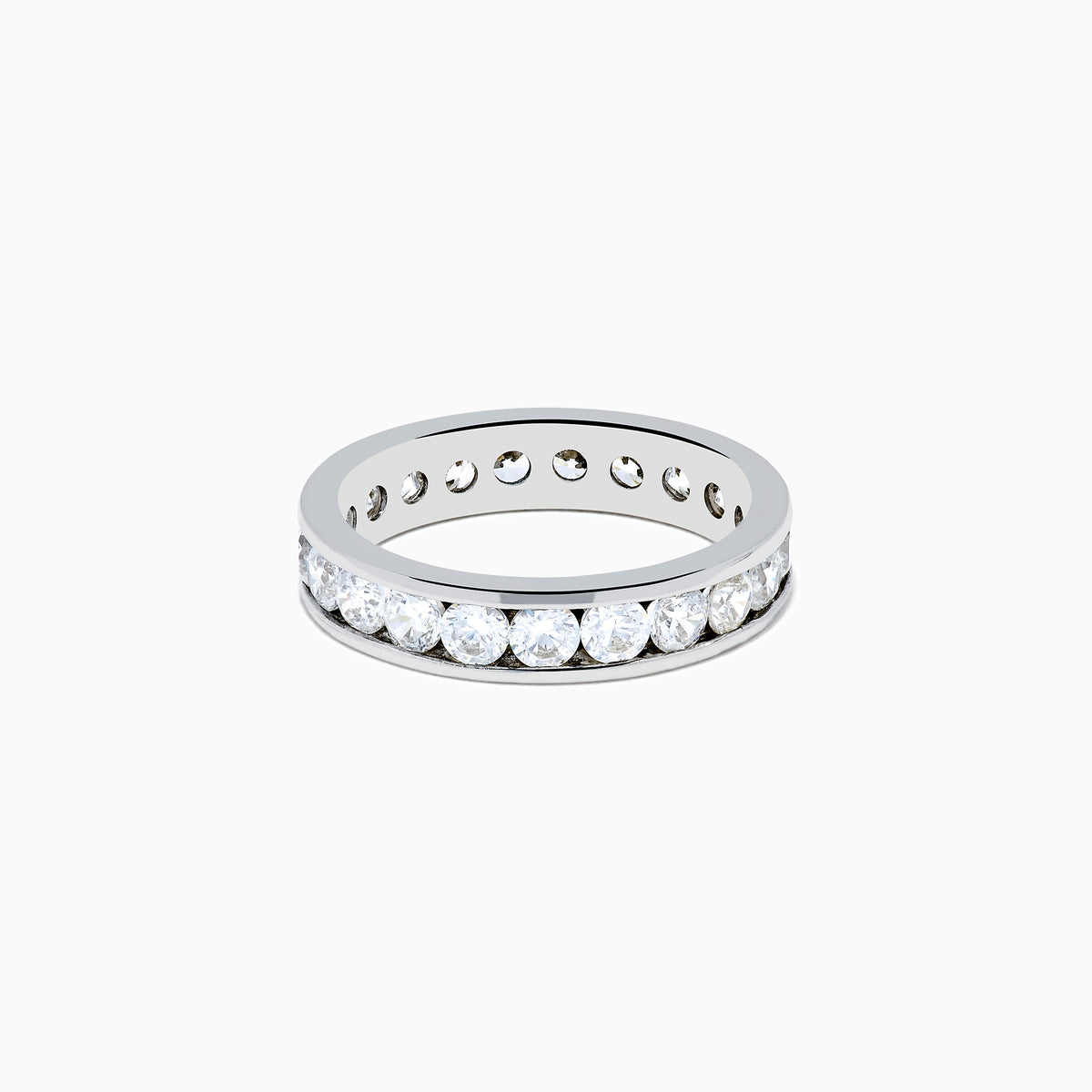 The 14K White Gold Channel Set Diamond Eternity Band, 2.00 TCW, showcases a continuous row of round diamonds set in white gold, elegantly displayed on a plain white background.