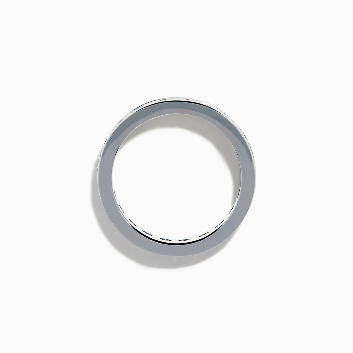 The 14K White Gold Channel Set Diamond Eternity Band, 2.00 TCW, showcases a continuous row of round diamonds set in white gold, elegantly displayed on a plain white background.