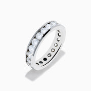 The 14K White Gold Channel Set Diamond Eternity Band, 2.00 TCW, showcases a continuous row of round diamonds set in white gold, elegantly displayed on a plain white background.