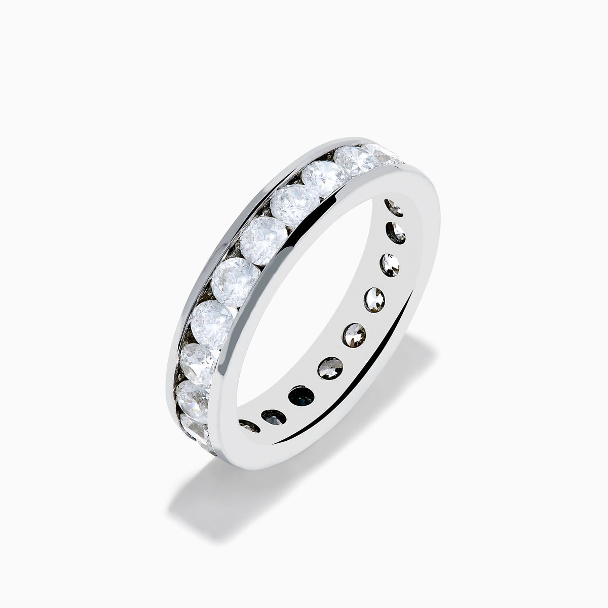 The 14K White Gold Channel Set Diamond Eternity Band, 2.00 TCW, showcases a continuous row of round diamonds set in white gold, elegantly displayed on a plain white background.