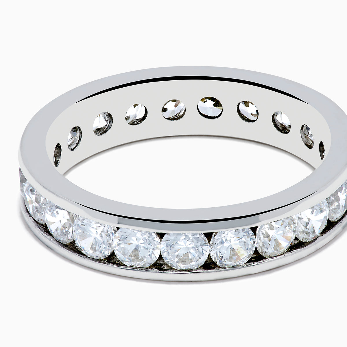 The 14K White Gold Channel Set Diamond Eternity Band, 2.00 TCW, showcases a continuous row of round diamonds set in white gold, elegantly displayed on a plain white background.