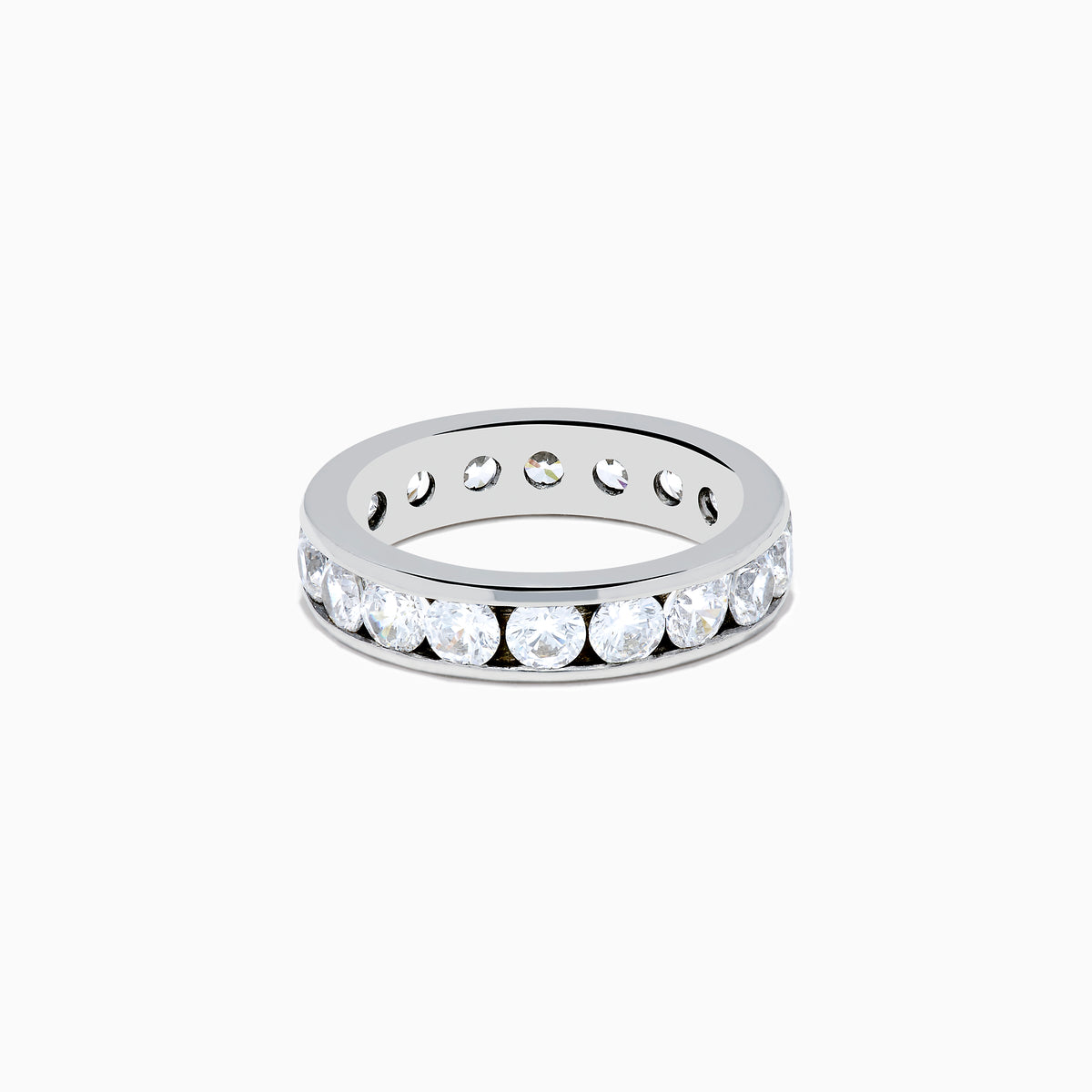 The 14K White Gold Channel Set Diamond Eternity Band, 3.00 TCW, features large round-cut diamonds evenly channel set around the ring and is shown on a plain white background.