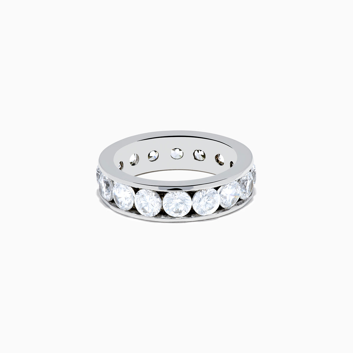 The 14K White Gold Channel Set Diamond Eternity Band, 4.00 TCW, features brilliant round diamonds all around and is elegantly showcased on a plain white background.