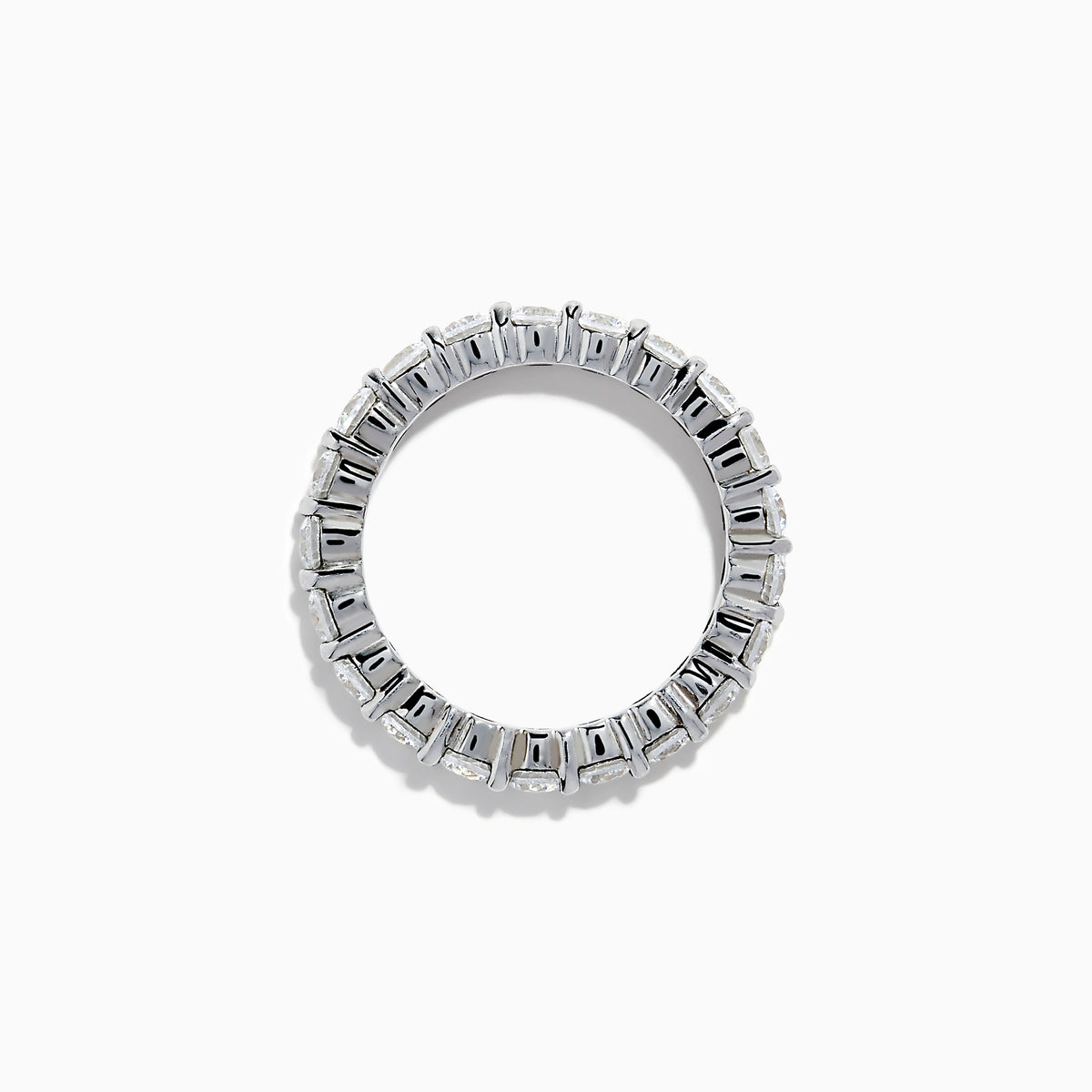 The 14K White Gold Prong Set Diamond Eternity Band, 2.00 TCW, features round clear diamonds encircling the ring and is displayed on a plain white background.