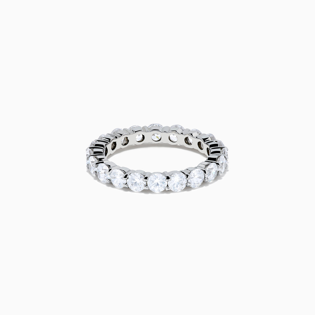 The 14K White Gold Prong Set Diamond Eternity Band, 3.00 TCW, features round diamonds encircling the band and is shown on a plain white background.