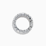 The 14K White Gold Prong Set Diamond Eternity Band, 4.00 TCW, showcases a seamless row of round white diamonds in prong settings, crafted in stunning 14K white gold and presented on a plain white background.